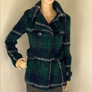 Forever 21 Plaid Pea Coat in Green and Navy